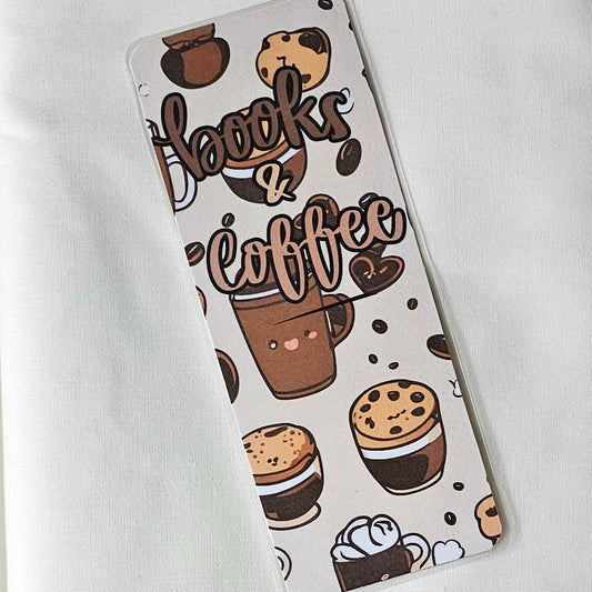 Laminated bookmark - books and coffee