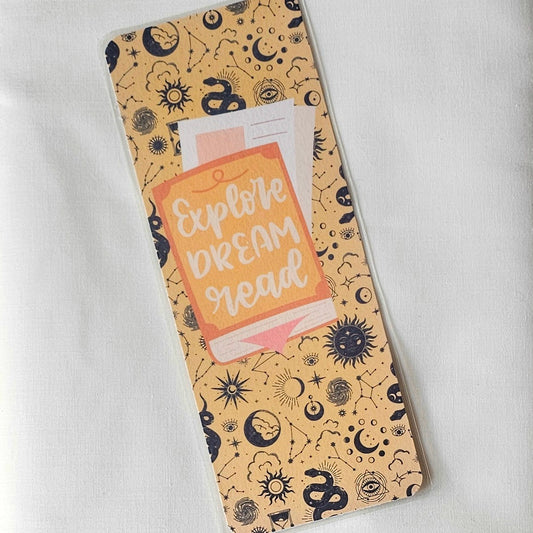 Laminated bookmark - explore dream read
